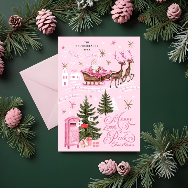 Cartes Pour Fêtes Annuelles Noël rose Père Noël Reindeer North Pôle Village (Pink Christmas Santa Reindeer North Pole Village Holiday Card)