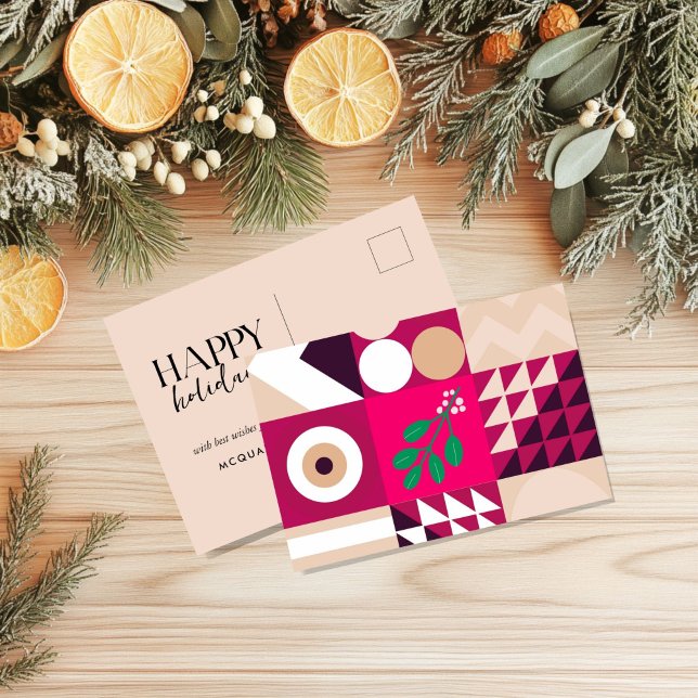 Cartes Pour Fêtes Annuelles Noël rouge bordeaux bleu géométrique rose (Burgundy Pink Geometric Christmas Post Card)