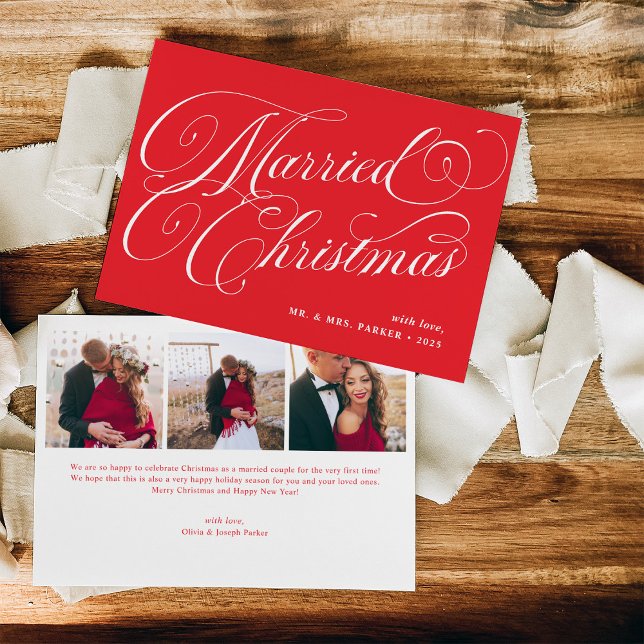 Cartes Pour Fêtes Annuelles Noël rouge marié | Grille photo et calligraphie (Créateur téléchargé)