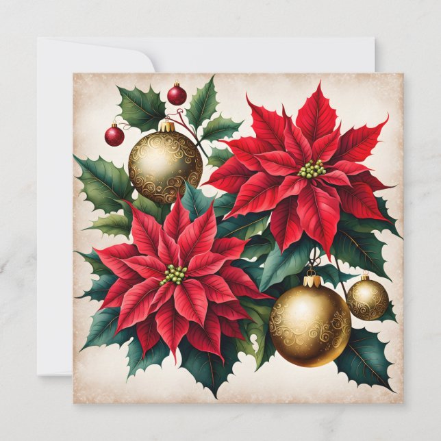 Cartes Pour Fêtes Annuelles Noël Rouge Poinsettie et Ornements d'or (Devant)