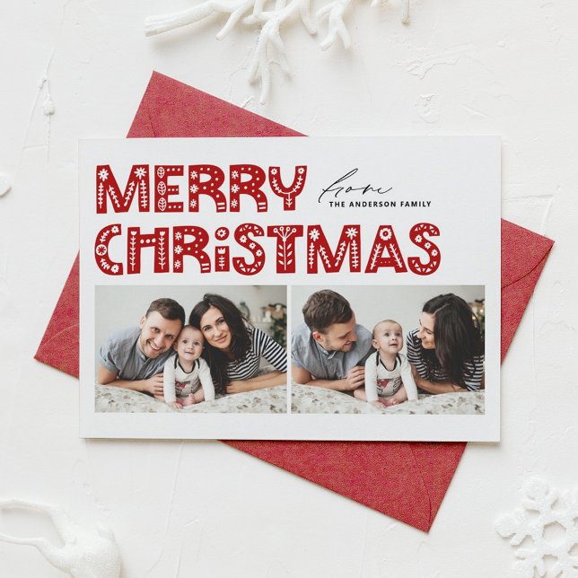 Cartes Pour Fêtes Annuelles Noël Rouge scandinave à deux photos (Créateur téléchargé)