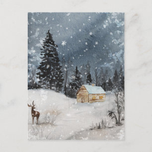 Cartes Pour Fêtes Annuelles Noël Russe Nuit d'hiver Cabine de neige Cerf