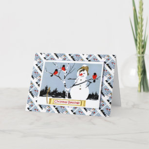 Cartes Pour Fêtes Annuelles Noël russe vintage, bonhomme de neige et merles