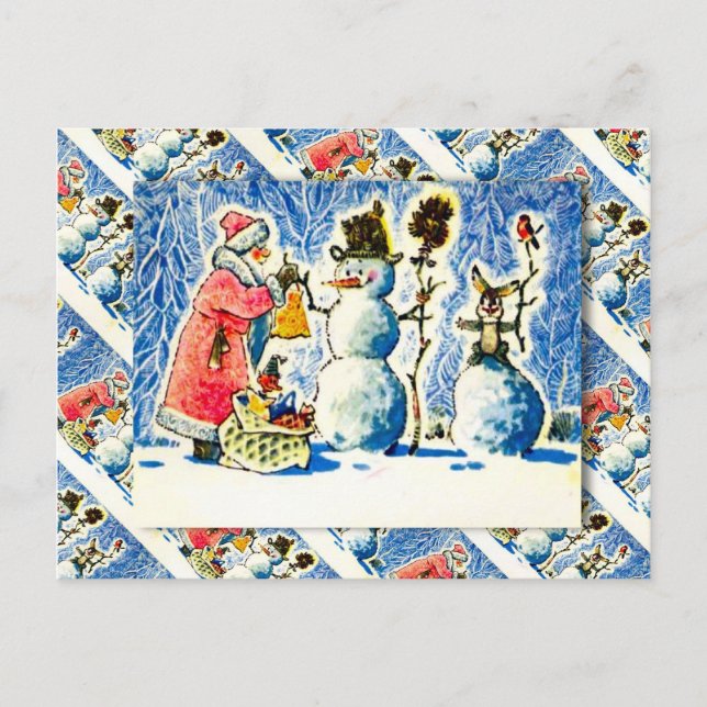 Cartes Pour Fêtes Annuelles Noël russe vintage, Snowman, Père Noël (Devant)