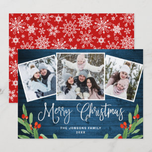 Cartes Pour Fêtes Annuelles Noël Rustic Blue Wood 3 PHOTO Salutation