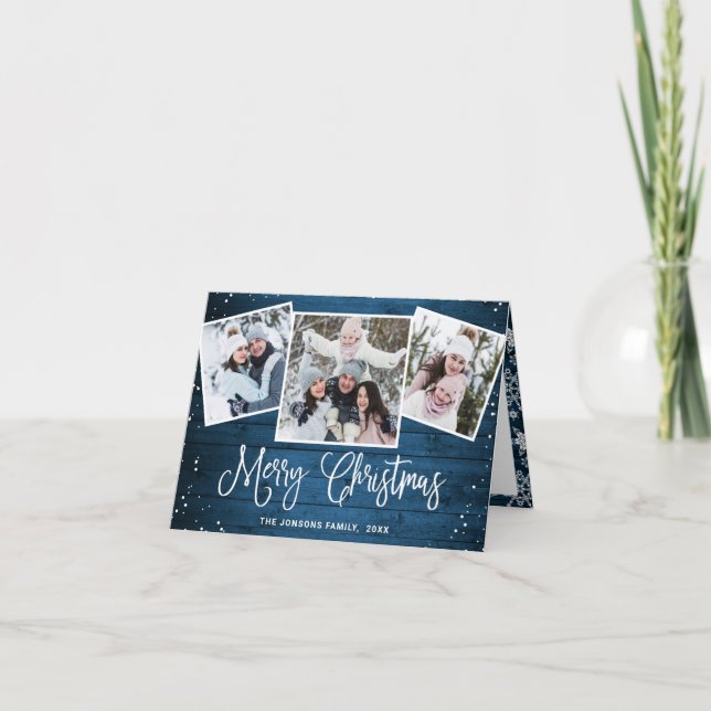 Cartes Pour Fêtes Annuelles Noël Rustic Blue Wood 3 PHOTO Salutation (Devant)
