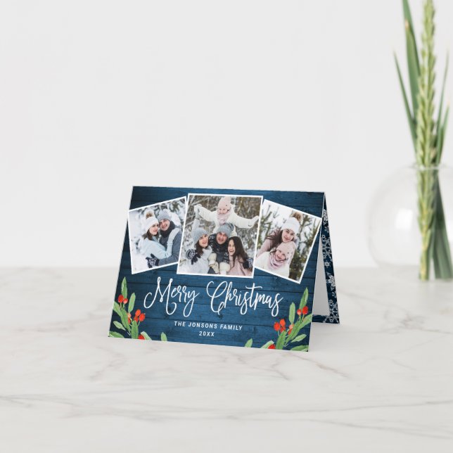 Cartes Pour Fêtes Annuelles Noël Rustic Blue Wood 3 PHOTO Salutation (Devant)