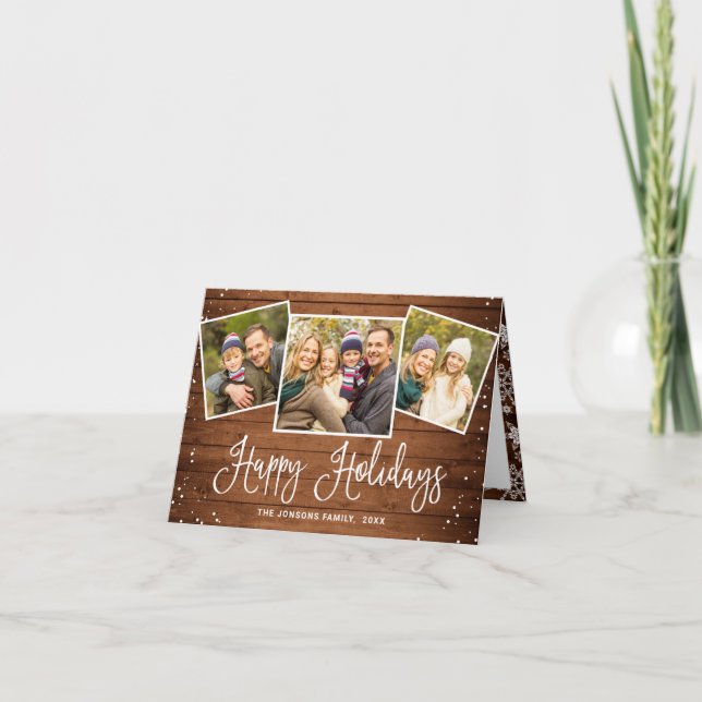 Cartes Pour Fêtes Annuelles Noël Rustic Brown Wood 3 PHOTO Salutation (Devant)