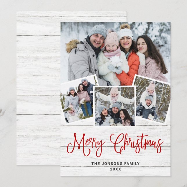Cartes Pour Fêtes Annuelles Noël Rustic White Wood 4 PHOTO Salutation (Devant / Derrière)
