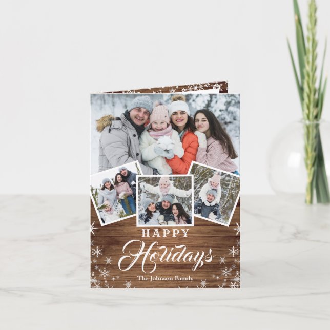 Cartes Pour Fêtes Annuelles Noël Rustic Wood 4 PHOTO Salutation QR code (Devant)