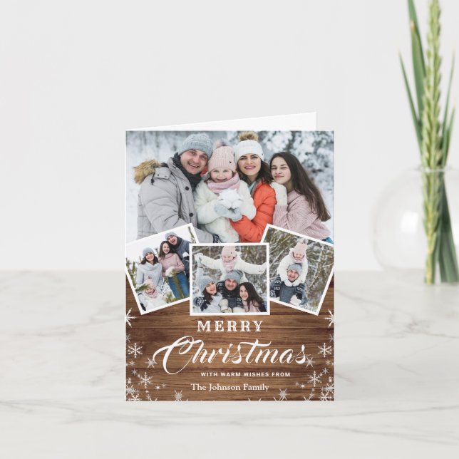 Cartes Pour Fêtes Annuelles Noël Rustic Wood 4 PHOTO Salutation QR code (Devant)