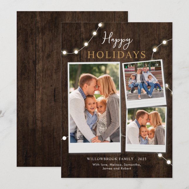 Cartes Pour Fêtes Annuelles Noël Rustique 3 Photos Aspect Bois (Devant / Derrière)