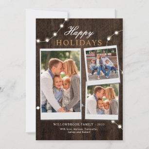 Cartes Pour Fêtes Annuelles Noël Rustique avec 3 Photos de Famille et Guirland
