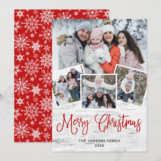 Cartes Pour Fêtes Annuelles Noël Rustique écorce de bouleau 4 PHOTO Salutation (Devant / Derrière)