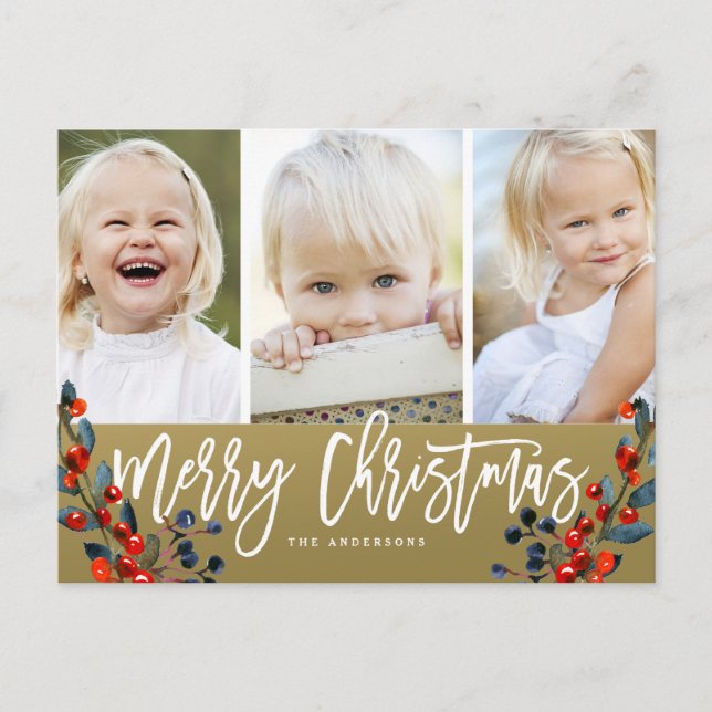 Cartes Pour Fêtes Annuelles Noël Script Berries 3 Photo Holiday (Devant)