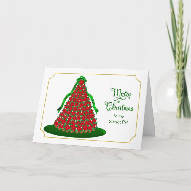 Cartes Pour Fêtes Annuelles Noël, Secret Pal, arbre de poinsettia rouge (Devant)