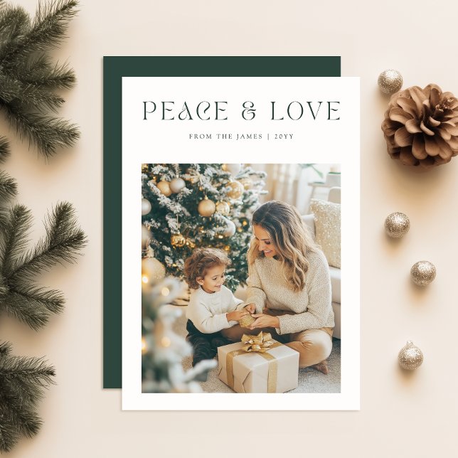 Cartes Pour Fêtes Annuelles Noël simple | Peace & Love Green Family Photo (Créateur téléchargé)