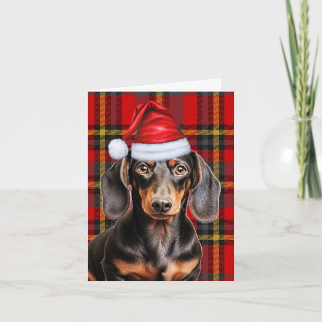 Cartes Pour Fêtes Annuelles Noël Smooth Dachshund et Red Plaid (Devant)