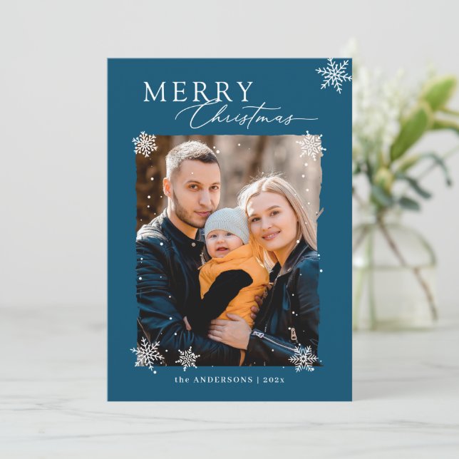 Cartes Pour Fêtes Annuelles Noël Snowflakes Winter Stylé Photo de famille (Debout devant)