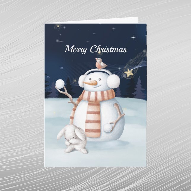 Cartes Pour Fêtes Annuelles Noël Snowman Snowballs Rabbit nuit Ciel (Créateur téléchargé)