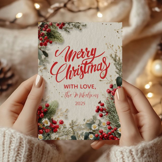 Cartes Pour Fêtes Annuelles Noël Snowy Green et Berries (Créateur téléchargé)