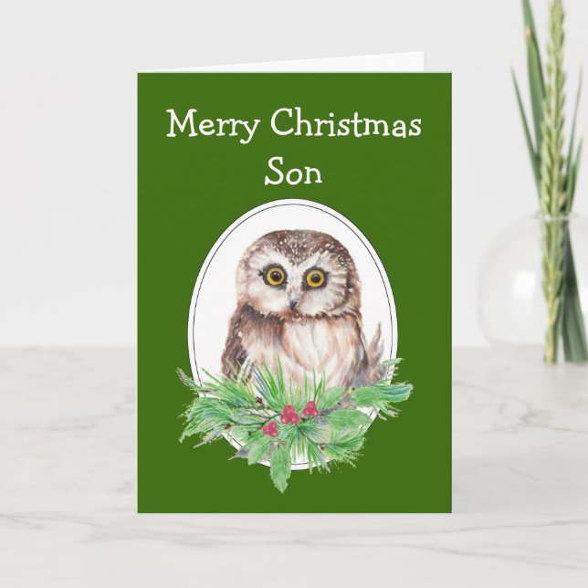 Cartes Pour Fêtes Annuelles Noël Son Cute Owl Bird Holly PIne (Devant)