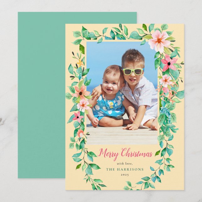 Cartes Pour Fêtes Annuelles Noël tropical Floral Jaune & Green Photo (Devant / Derrière)