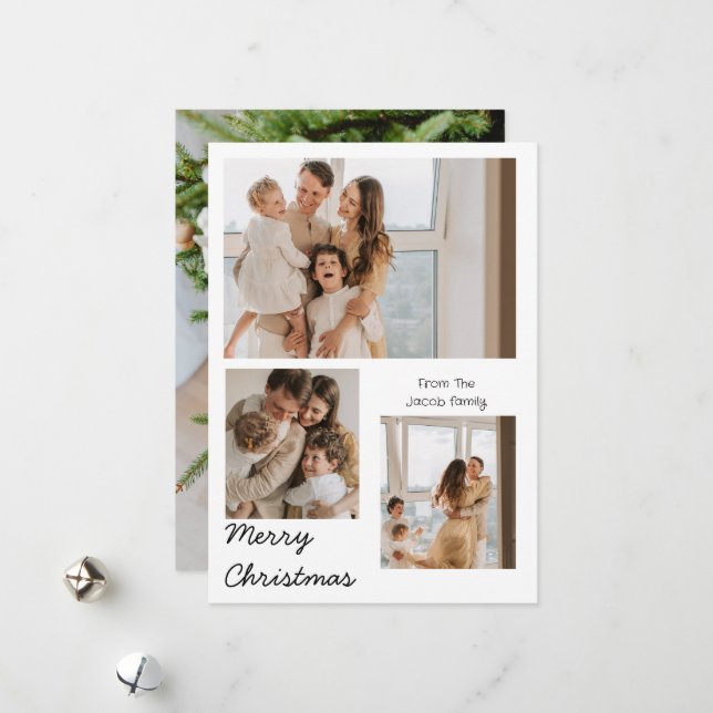 Cartes Pour Fêtes Annuelles Noël Typographie moderne Trois photos (Devant/Arrière en situation)