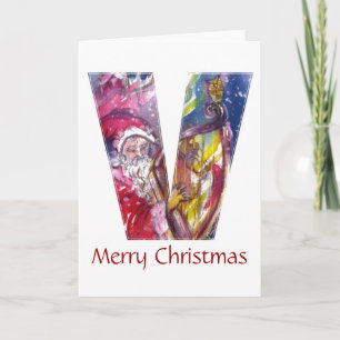 CARTES POUR FÊTES ANNUELLES NOËL V LETTRE / PÈRE NOËL JOUER AU HARP