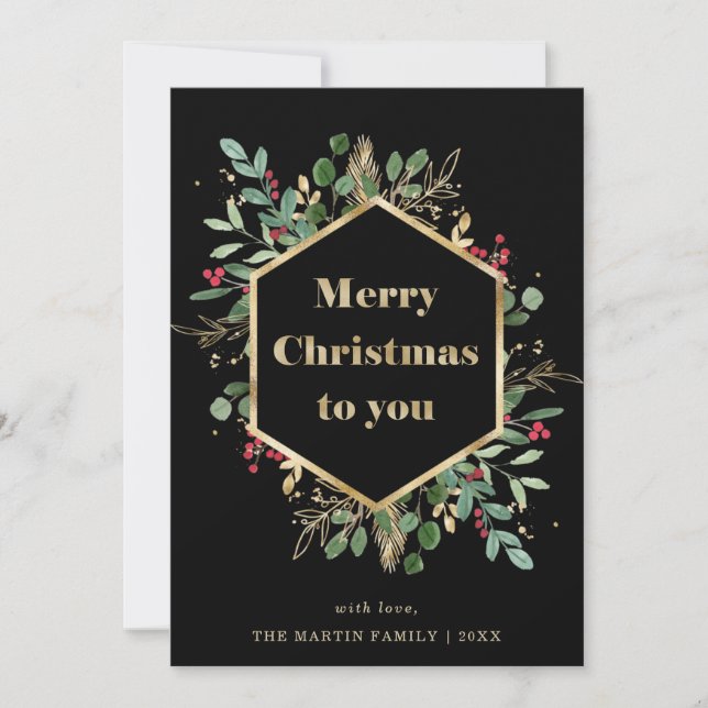 Cartes Pour Fêtes Annuelles Noël Vert doré sur Noir | Retour photo (Devant)