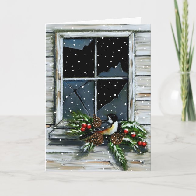 Cartes Pour Fêtes Annuelles Noël : Vielle fenêtre de la grange : Oiseau, Neige (Devant)