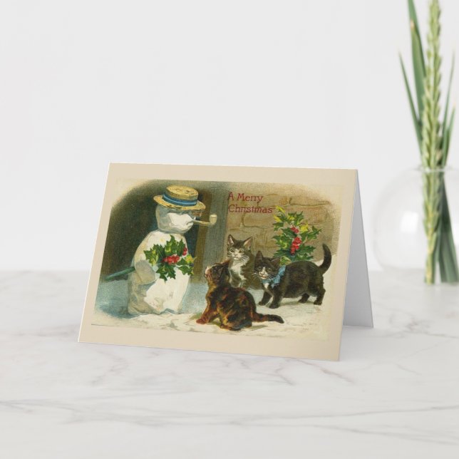Cartes Pour Fêtes Annuelles Noël vintage - 3 chatons et un bonhomme de neige, (Devant)