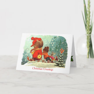 Cartes Pour Fêtes Annuelles Noël vintage, animaux apprenant à skier