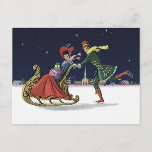 Cartes Pour Fêtes Annuelles Noël Vintage, Couple in Love Ice Skate