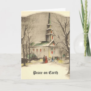 Cartes Pour Fêtes Annuelles Noël vintage, église dans un paysage enneigé hiver