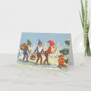 Cartes Pour Fêtes Annuelles Noël vintage, elfes dans la forêt de neige hiver