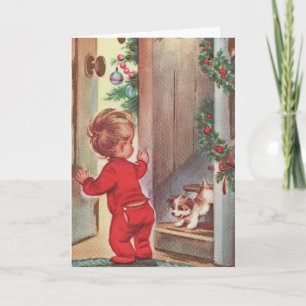 Cartes Pour Fêtes Annuelles Noël vintage enfant et chiot