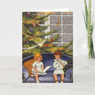 Cartes Pour Fêtes Annuelles Noël vintage, Enfants assis sur un canapé