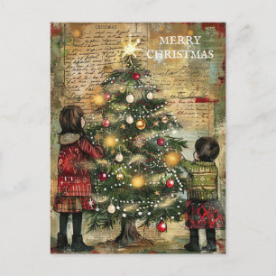 Cartes Pour Fêtes Annuelles Noël vintage enfants décorant l'arbre