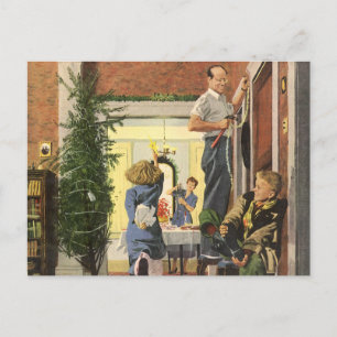 Cartes Pour Fêtes Annuelles Noël vintage, famille décorant la maison