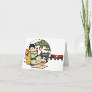 Cartes Pour Fêtes Annuelles Noël vintage, garçon heureux jouant avec des jouet