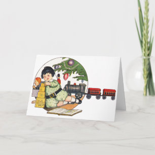 Cartes Pour Fêtes Annuelles Noël vintage, Joyeux garçon jouant avec des jouets
