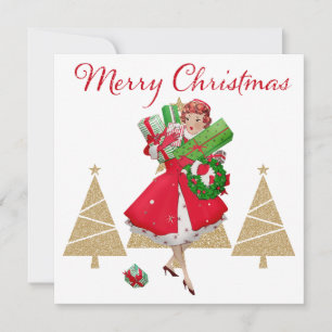 Cartes Pour Fêtes Annuelles Noël Vintage Lady Présente Rouge Vert Or