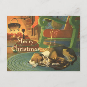 Cartes Pour Fêtes Annuelles Noël Vintage, Les animaux dormant par cheminée