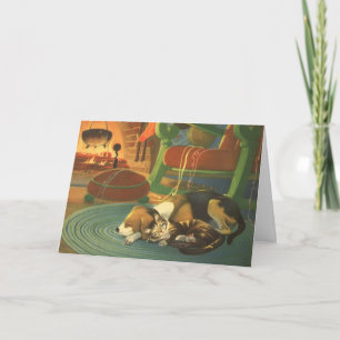 Cartes Pour Fêtes Annuelles Noël Vintage, Les animaux dormant par cheminée