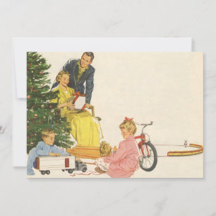 Cartes Pour Fêtes Annuelles Noël vintage matin, famille ouvrant des cadeaux