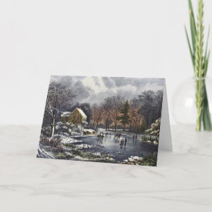 Cartes Pour Fêtes Annuelles Noël Vintage, Patins d'hiver précoce sur un étang