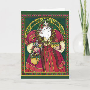 Cartes Pour Fêtes Annuelles Noël vintage, Père Noël avec feuilles de houx