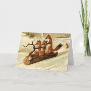 Cartes Pour Fêtes Annuelles Noël Vintage - Renards dormant sur une rondelle,