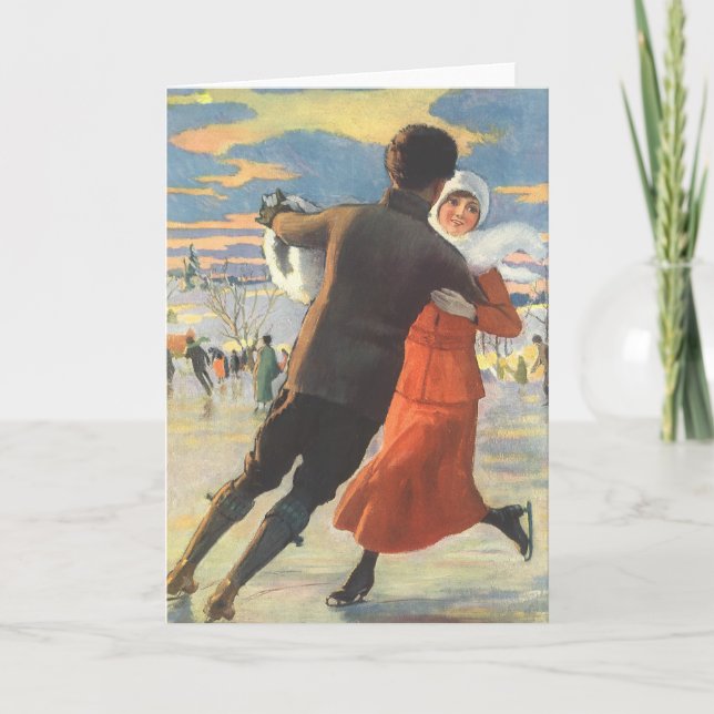 Cartes Pour Fêtes Annuelles Noël Vintage, Romantique Couple Patinage sur glace (Devant)